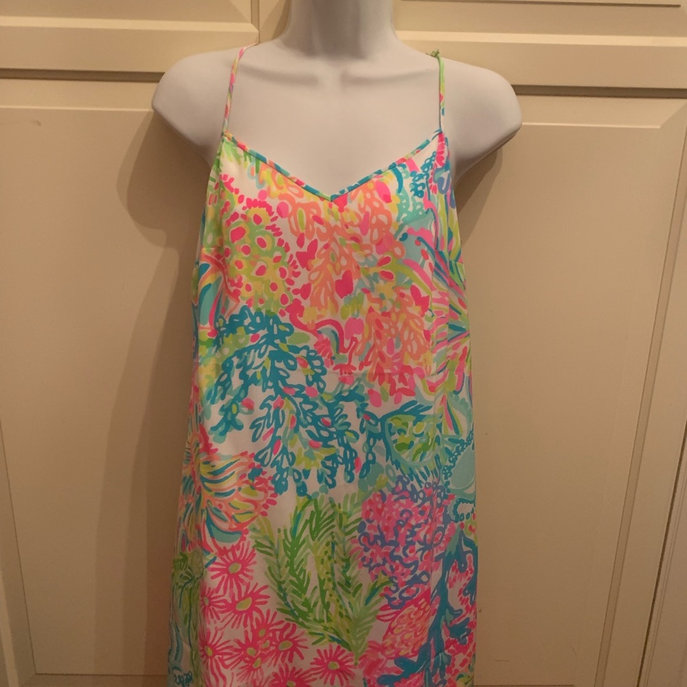 Lilly Pulitzer Spaghetti Strap Lovers Coral Silk Shift Dress SZ Small
